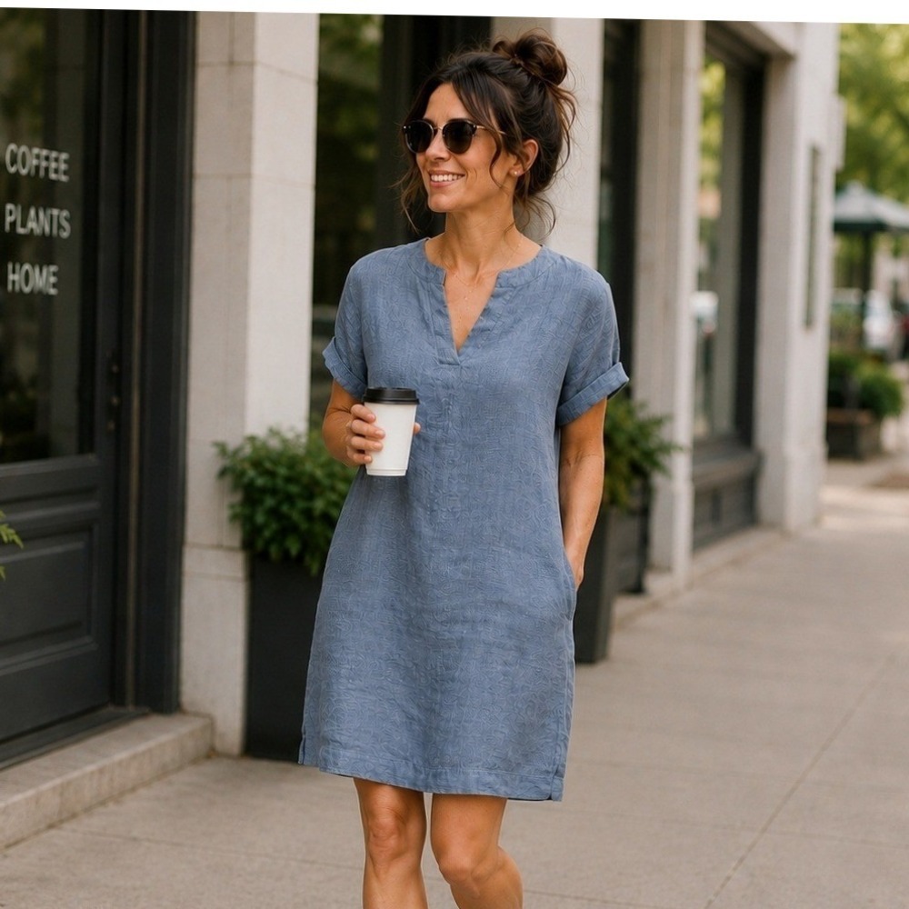 Gigi Moda Made in Italy 100% Linen Tunic Dress Blue Short Sleeve V-Neck 6509